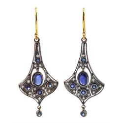 Pair of sapphire and diamond openwork flared design pendant earrings