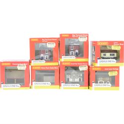 Thirty Hornby N gauge Lyddle End model railway trackside buildings, including N8031 Holy Trinity Church, N8575 Coal Drop, N8033 Radcliffe's Newsagent and N8002 Small Waiting Room, all boxed