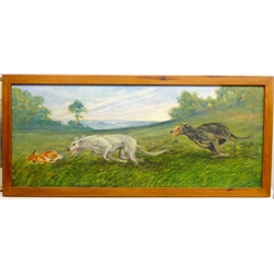  The Hare Chase, 20th century oil on board unsigned 49.5cm x 121cm  