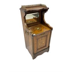 Edwardian inlaid rosewood  fall-front coal purdonium serpentine top with raised fretwork gallery, over bevelled mirror-back, the panelled fall-front door inlaid with foliate patterned ivorine and boxwood, on castors
