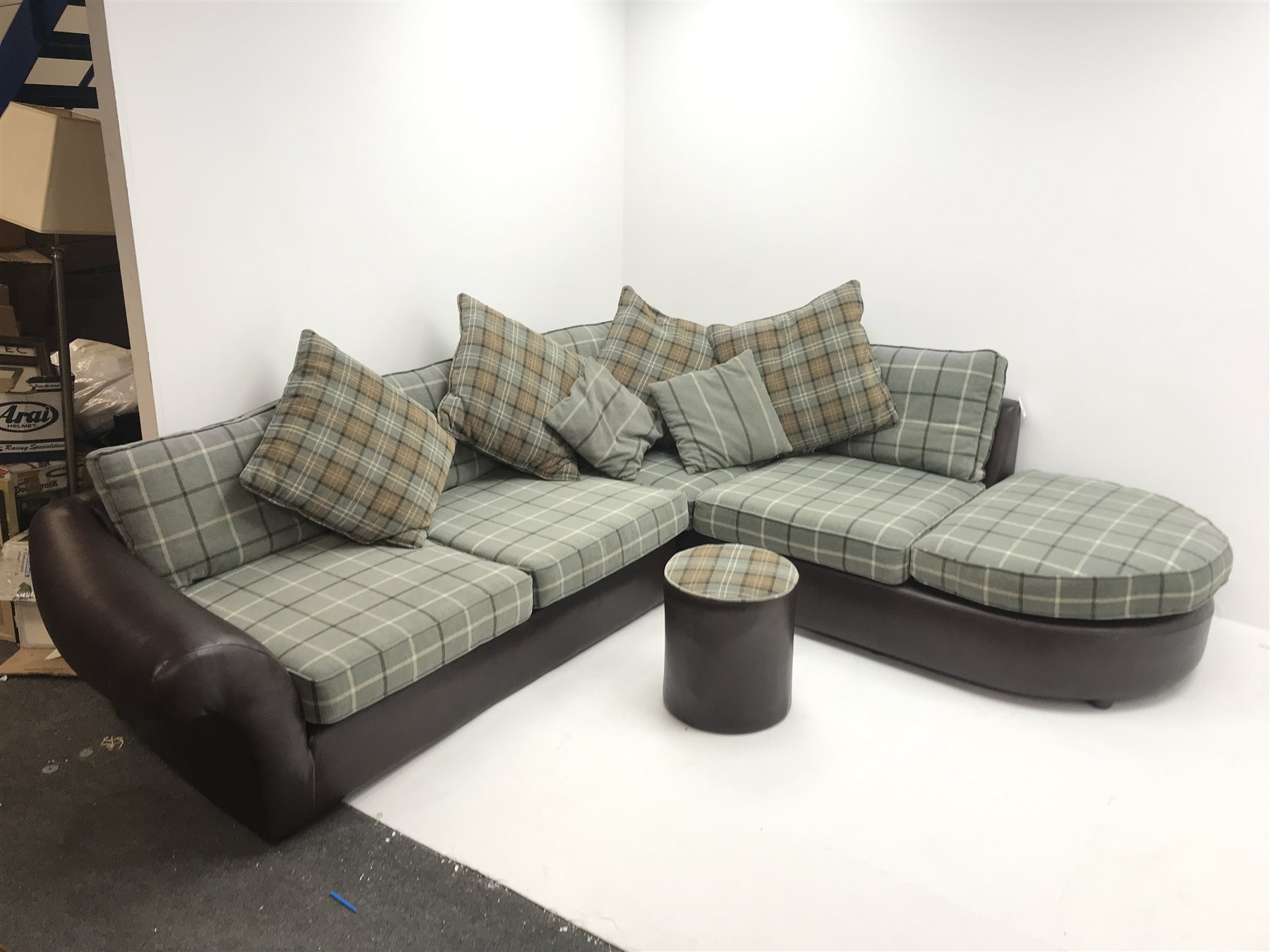 Tetrad corner sofa upholstered in leather and chequered fabric (W272cm & 246cm) with matching foot stool