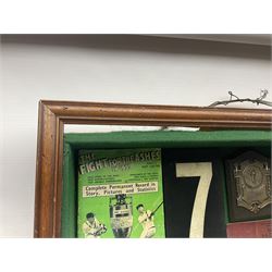 Four framed sporting memorabilia displays, the largest example containing 1930s cricket memorabilia, together with two fishing displays and a football display, each within wooden glazed frames, largest H105cm