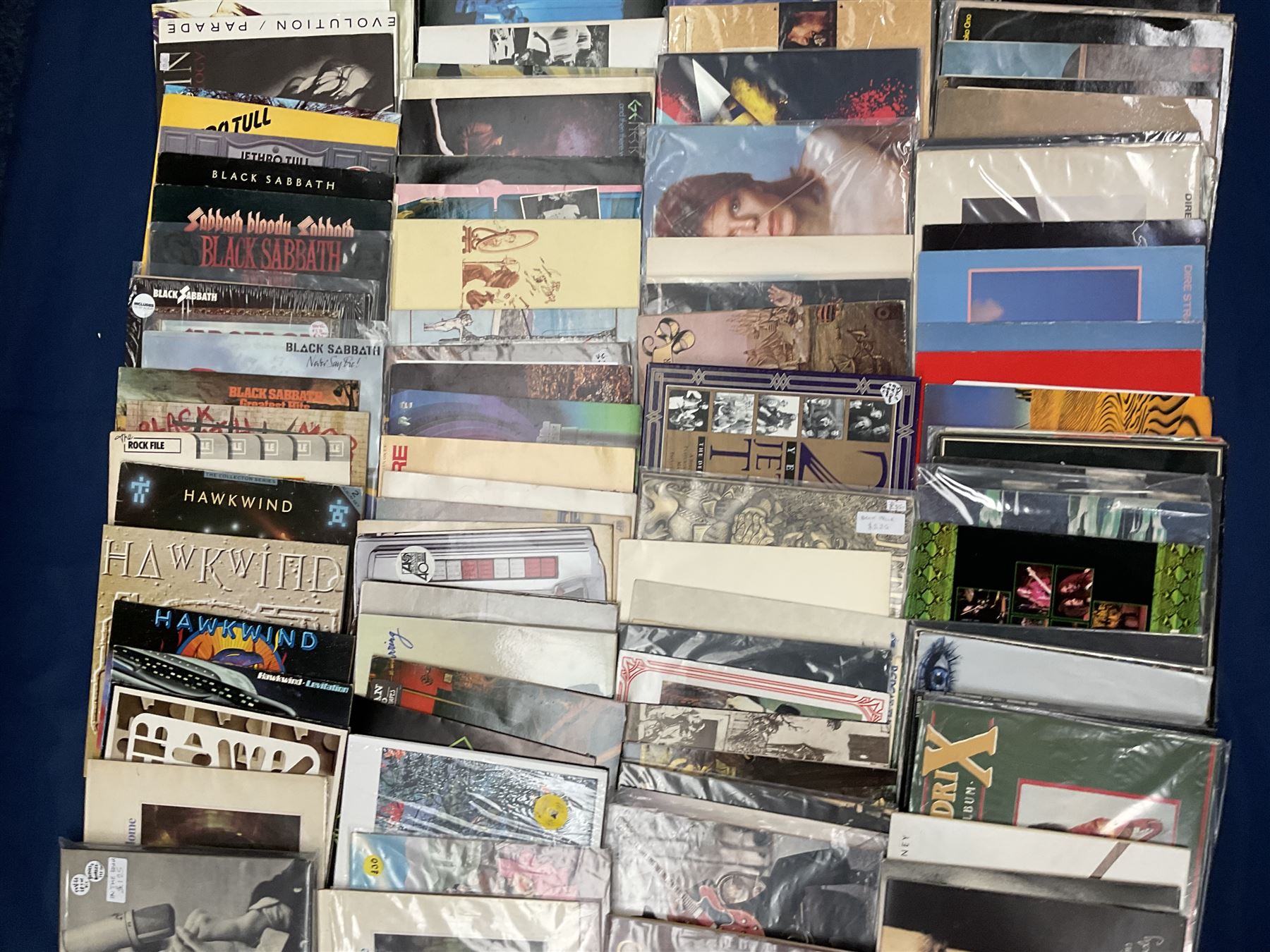 Quantity of vinyl records including Bob Dylan 'Bringing It All Back Home',  Hawk Wind 'The Xenon Codex', Black Sabbath 'Greatest Hits', 'Never Say Die!', 'Sabotage', 'Sabbath bloody Sabbath', 'Master of Reality', 'Heaven And Hell', Uriah Heep 'Firefly' and other music, approximately 110, in one box