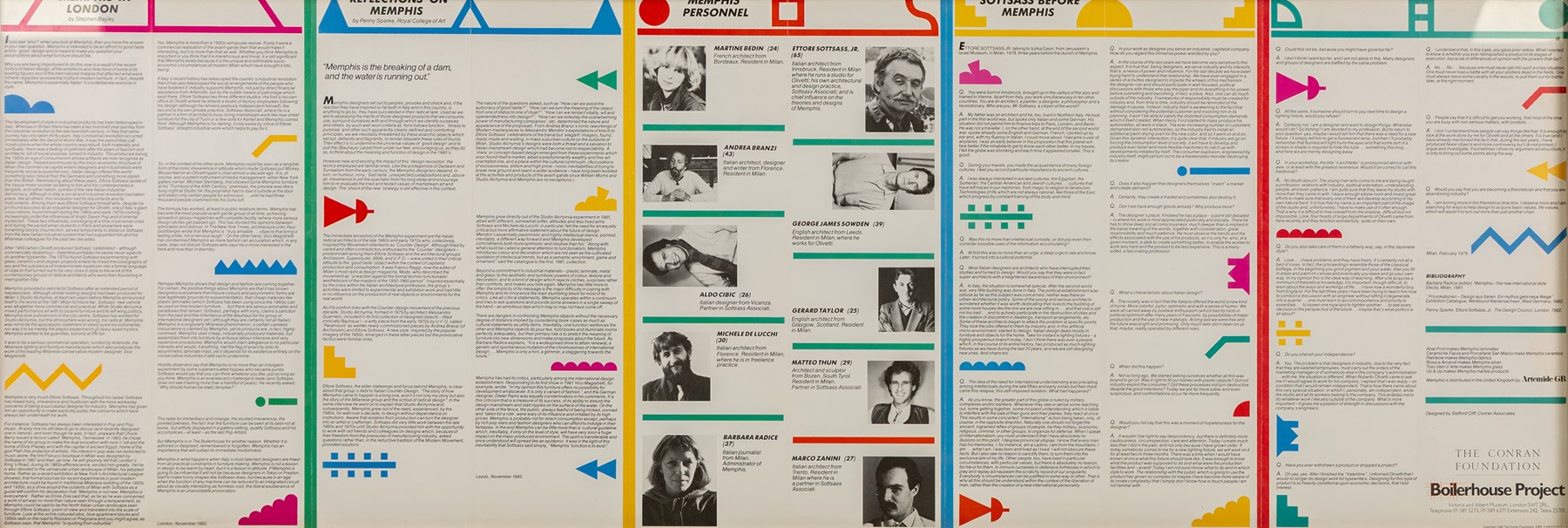 Memphis Milano in London promotional double-sided brochure, signed by Ettore Sottsass, framed 99cm x 34cm
Notes: Memphis Milano was an Italian architecture and design group, founded in 1981 by Sottsass. This exhibition was held at The Boilerhouse Project (a design gallery within the Victoria and Albert Museum) from 1982-83. The Boilerhouse Project later became The Design Museum, firstly at Shad Thames and then Kensington in 2016.