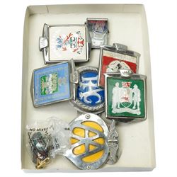 Collection of vintage car badges including AA, RAC, county badges, VW cufflinks etc