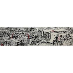 English School (21st century): 'Morning in the Metropolis', mixed media on canvas indistinctly signed 40cm x 152cm