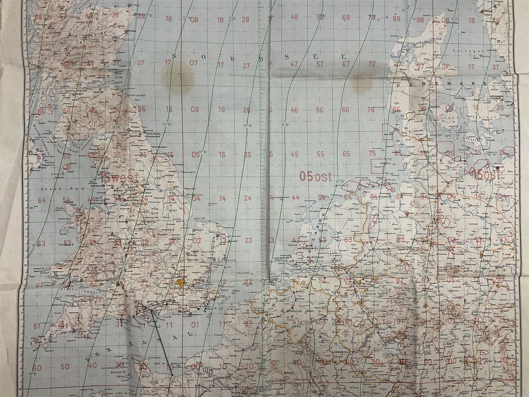 WWII German navigation map, Luft-Navigationskarte in Merkatorprojektion, of England, France, Netherlands, Denmark, H110cm, W74cm 