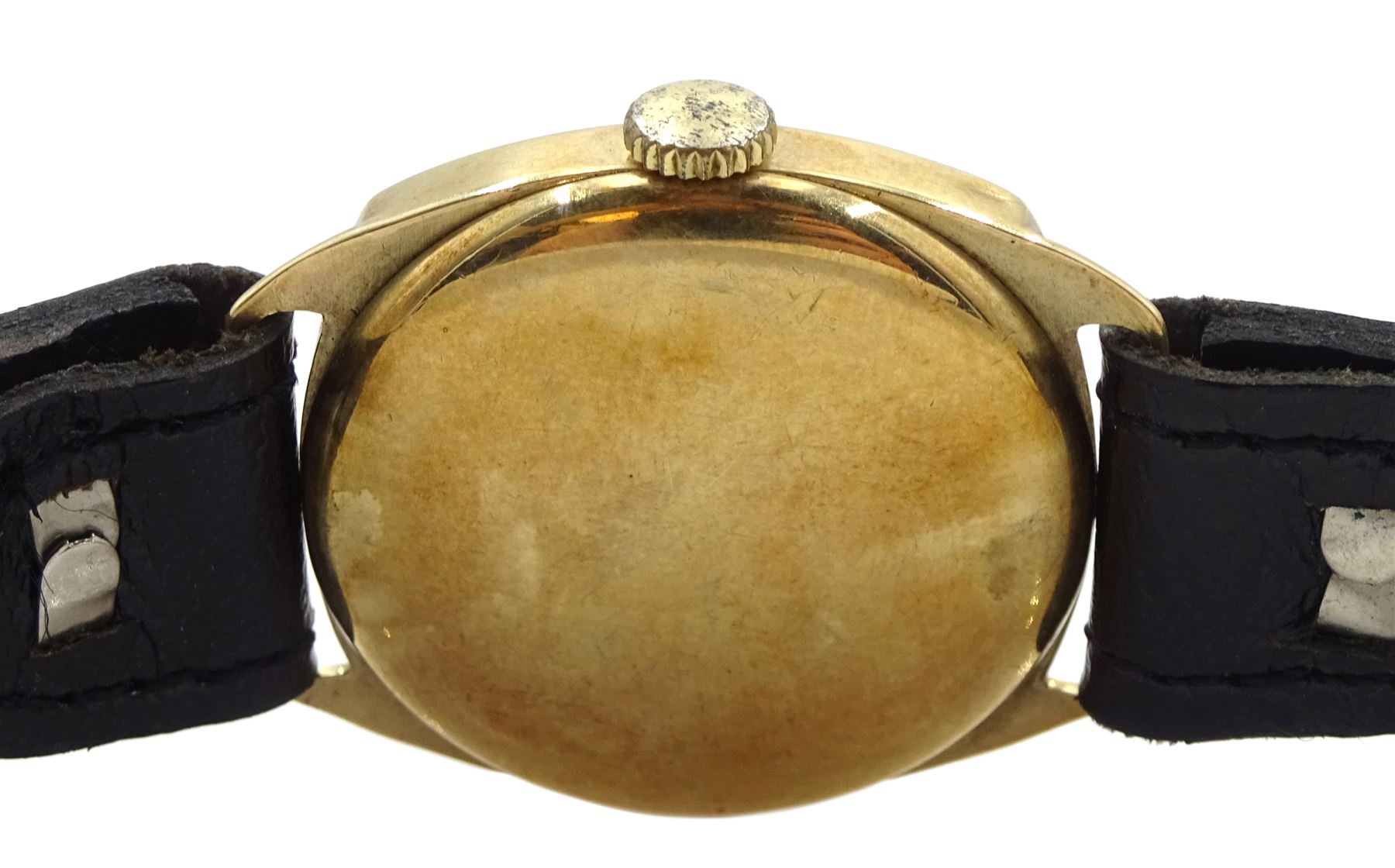 Raich Carter - Rone Sportsmans gent's 9ct gold cased manual wind wrist-watch, the silvered dial with Arabic numerals and subsidiary seconds dial, leather strap. Provenance: By direct descent from the family of Raich Carter having been consigned by his daughter Jane Carter.