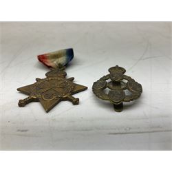 Three WW1 medals comprising 1914-15 Star awarded to 58648 Spr. C. Roberts R.E.; British War Medal and Victory Medal awarded to 87502 1.A.M. C. Roberts R.F.C.; and REME cap badge (4)