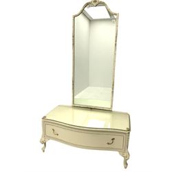 French style cream and gilt cheval dressing mirror, with drawer