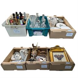 Collection of decanters, painted coat of arms, coffee service, spirits etc, contents in six boxes