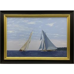 James Miller (British 1962-): Big Class Yachts 'Tuiga and Mariquita duelling on the Solent - The Westward Cup 2010', oil on canvas signed, titled verso 59cm x 89cm