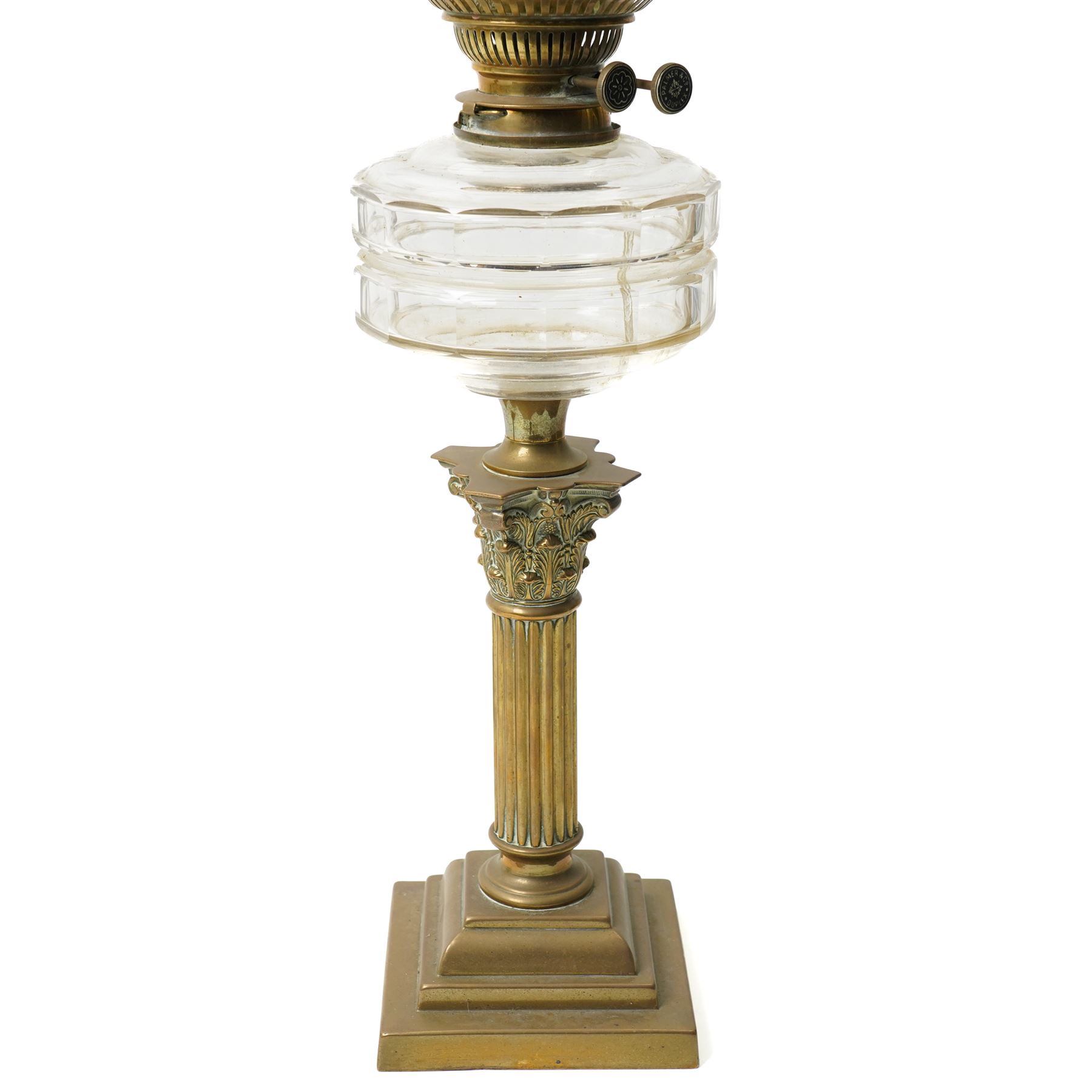 Pair of Victorian table oil lamps with clear glass reservoirs on brass Corinthian columns and stepped square bases with chimneys and etched glass shades H71cm overall