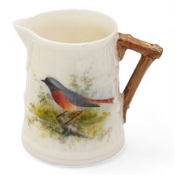 Royal Worcester porcelain including a blush ivory twin-handled basket, shape no. 2365, L13.5cm, blush ivory jug, of tapering form, shape no. 1047, pierced bowl, 1930s small barrel form jug, hand painted with a Redstart, signed, blush ivory flatback jug, twin handled vase, together with a Worcester style miniature part tea set, unmarked 