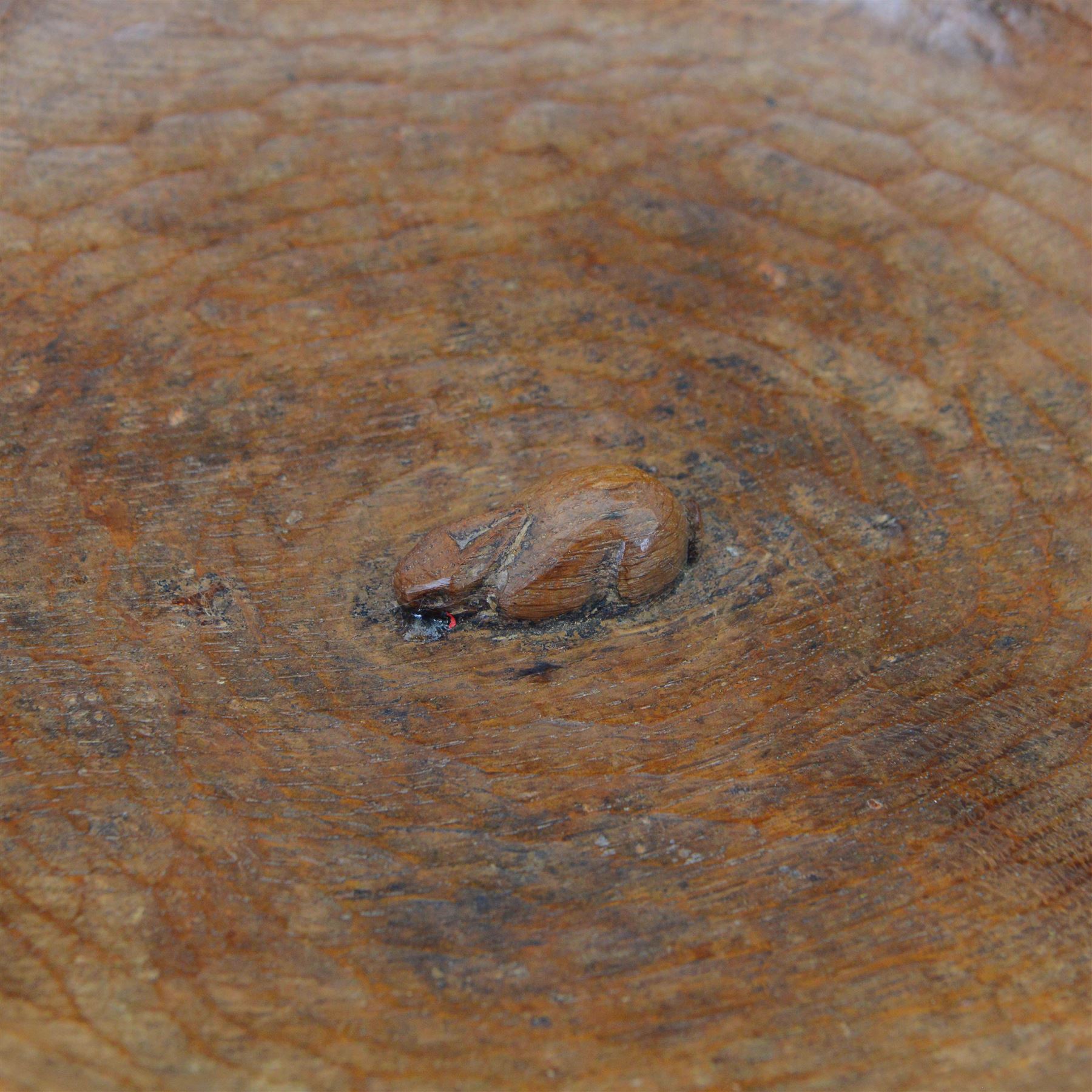 Rabbitman - circular tooled oak fruit bowl, carved with rabbit signature, by Peter Heap, Wetwang
