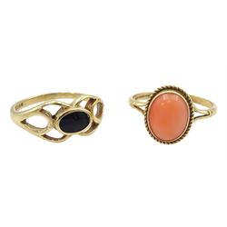 Gold jet ring, with openwork design shoulders and a gold coral ring, both hallmarked 9ct