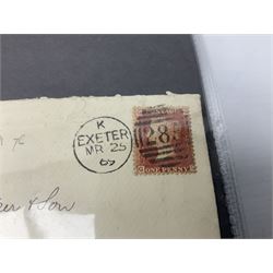 Queen Victoria postal history, penny red stamps on covers and letters, with singles, pairs and strips, mourning covers, various postmarks and cancels including 'K Exeter MR 25 69', 'Kendal MR 24 1866 C', '48B Bolton MY 30 66', 'C Whitby AU 2 68', '10 Bristol AU 7 72' etc, approximately 140 items in total