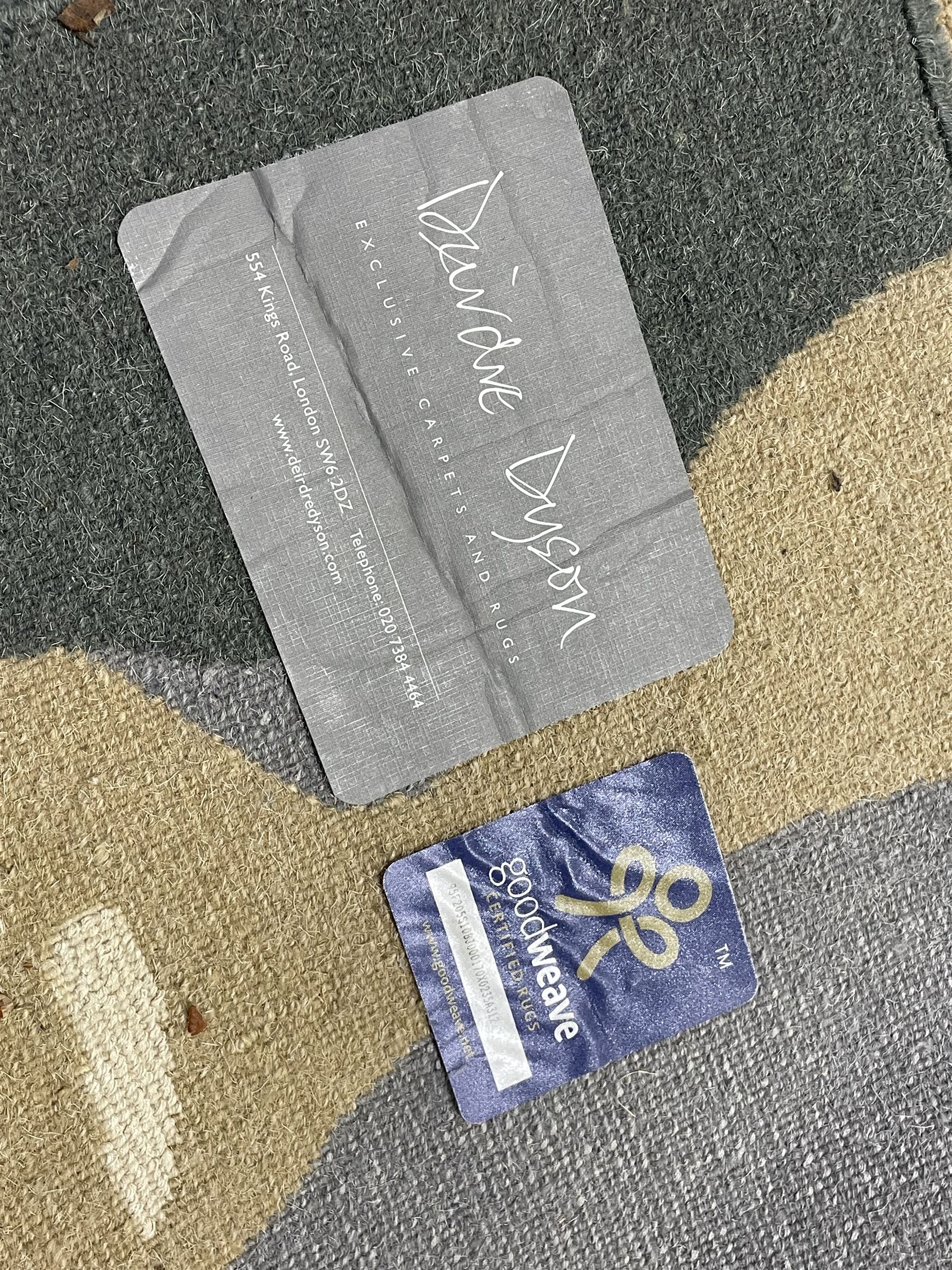 Deirdre Dyson London - 'Birch Tree' abstract rug, shades of grey and green depicting a birch trunk 