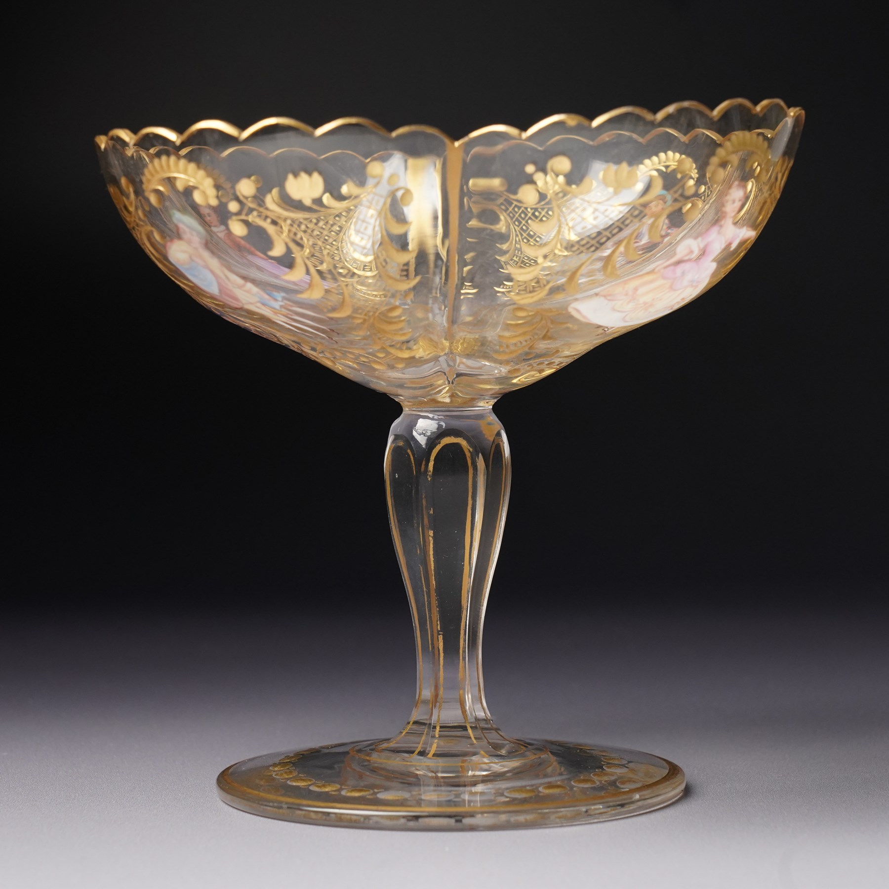 Lobmeyr style tazza, of quatrefoil form with painted enamel figures, H12cm 