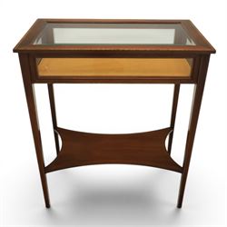 Edwardian inlaid mahogany bijouterie display table, square tapering supports inlay, orange baize lining shaped undertier