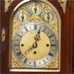 Late 19th century bracket clock with three train movement, Westminster Chimes on eight bells and gong strike, the brass dial inscribed 'Webber Liverpool' with gilt brass mounts in mahogany dome top case with pineapple finial, brass handles and classical columns on compressed circular feet H76cm