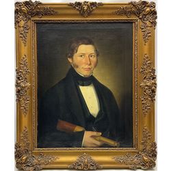 English School (Mid 19th century): 'Capt. Mark Weighill of the Brig Aid of Whitby' half length portrait holding a telescope, oil on canvas unsigned, original title label verso dated 'Sept. 1844 aged 32', 59cm x 46cm
Notes: the 181 ton Brig 'Aid' was built by Pickersgill & Miller of Sunderland but not until 1856. The vessel was initially owned by Gideon Smales of Whitby & later became owned by Isaac Seymour of Runswick near Whitby