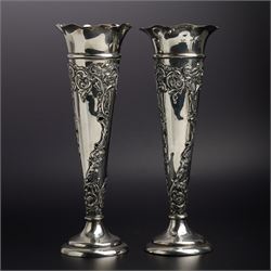 Pair of embossed silver trumpet shape vases H21cms marks rubbed but maker Henry Matthews and another pair of plain vases H15cm Sheffield 1913 Maker Lee & Wigfull