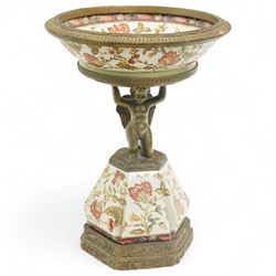 Wong Lee comport, with polychromatic enamel floral decoration, the stem formed as kneeling...