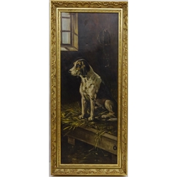  Fox Hound in a Stable, 19th century oil on canvas unsigned 90cm x 34cm  