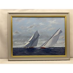 James Miller (British 1962-): Big Class Yachts 'Shamrock 11 v Columbia 1901' - the 11th America's Cup & Sir Thomas Lipton's 2nd Challenge, oil on canvas signed, titled verso 68cm x 94cm