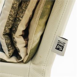 IKEA - ‘Selma’ chair designed by Front in 2009, the shaped wooden frame with white leather back and trim, fitted with cotton cushions with four interchangeable prints inspired by Swedish textile history