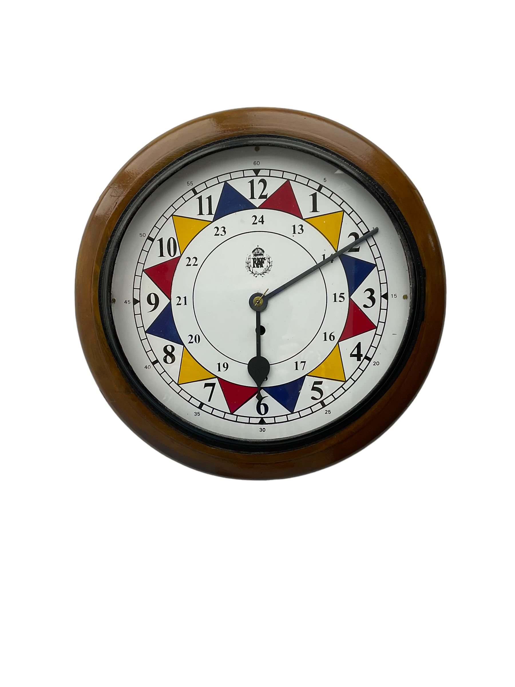 English 8day timepiece fusee wall clock with a beech surround and painted bezel, 12" replica