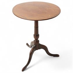 George III mahogany tripod, circular tilt-top on ring turned baluster pedestal, three out-splayed supports 