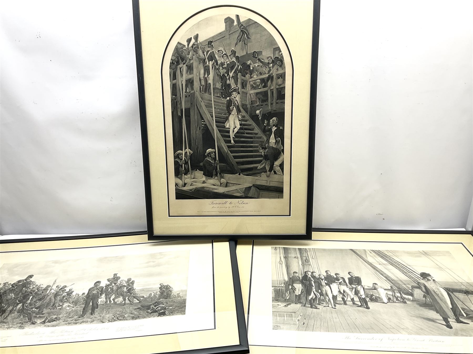 After Sir William Quiller Orchardson (Scottish 1832-1910): 'The Surrender Of Napoleon To Great Britain', monochrome print pub. 1910, 40cm x 61cm; after Elizabeth Southerden Butler (née Thompson) (British 1846-1933): 'Balaclava - The Return 25 October 1854. The Charge of the Six Hundred', monochrome print pub. 19011, 33cm x 63cm; after Andrew Carrick Gow (British 1848-1920): 'Farewell to Nelson', monochrome print 62cm x 38cm