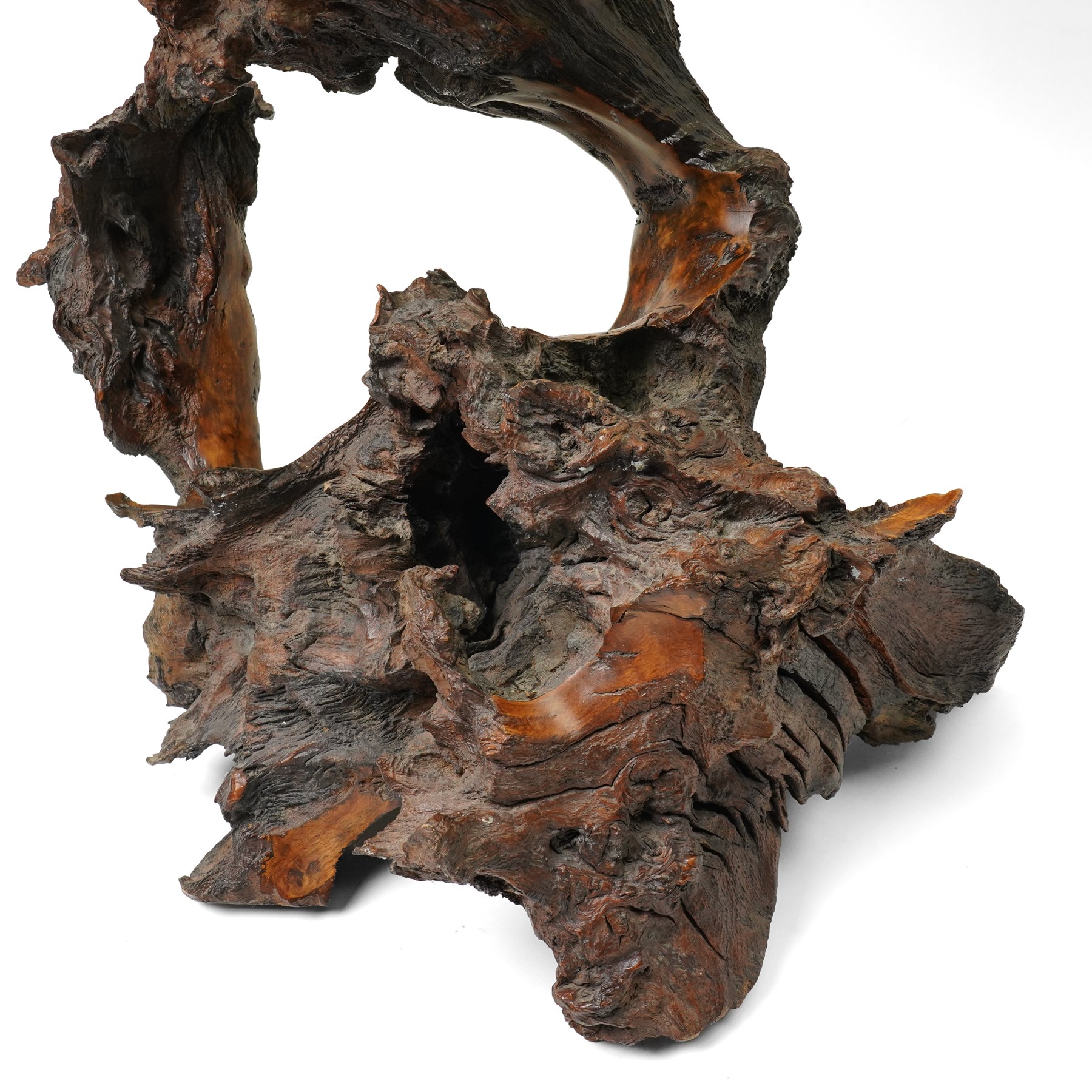  Mid-20th century burl root wood table lamp and shade overall H85cm
