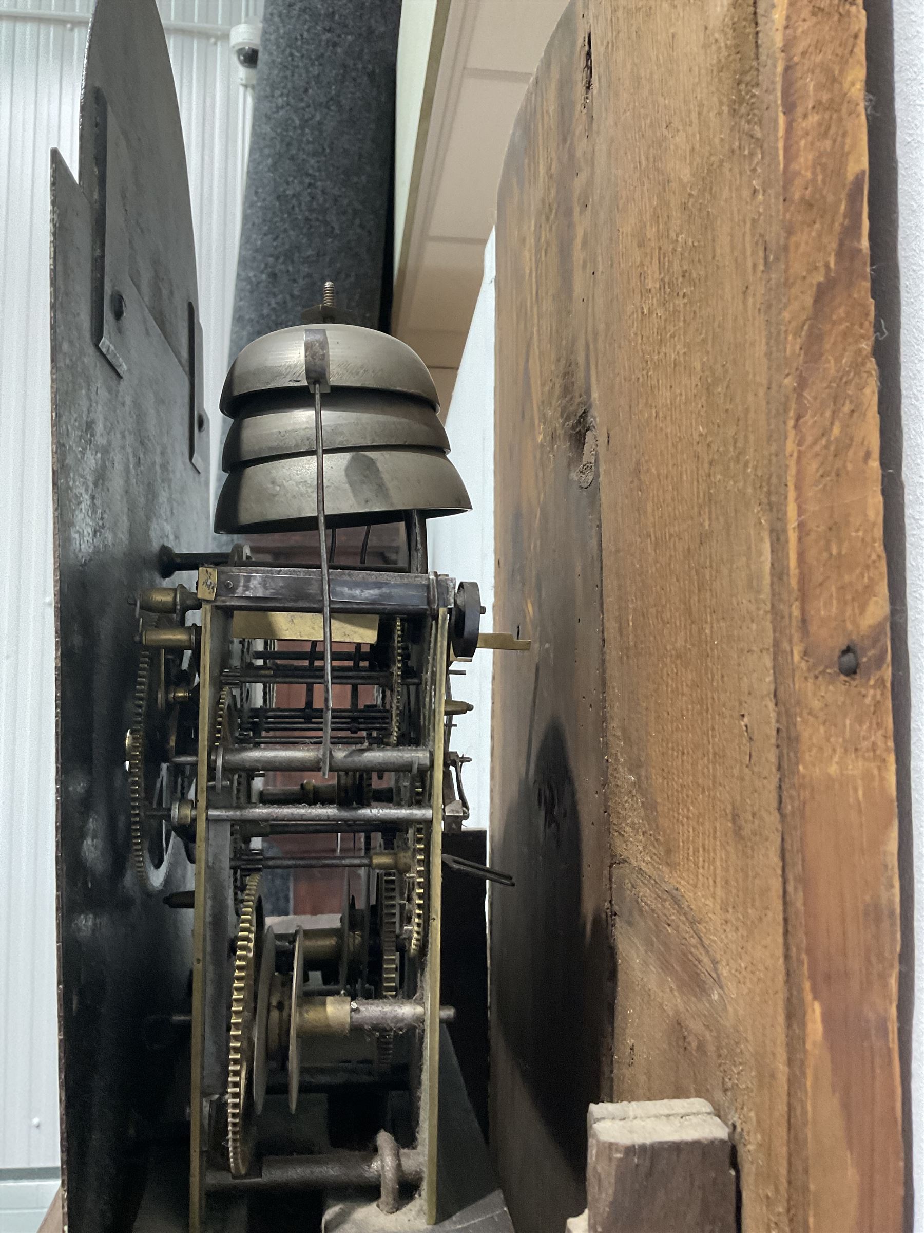 Etherington of Driffield - Rare three-train late 18th century 30-hour longcase clock in an oak case, flat topped hood with dentil moulding and blind fret, break arch hood door with attached pillars, trunk with a conforming door on a deep stepped plinth with shaped base, dial with a fully painted  arch and scroll spandrels in raised gesso, an unusual and rare dial having separate dials for the hours and minutes, dial inscribed 