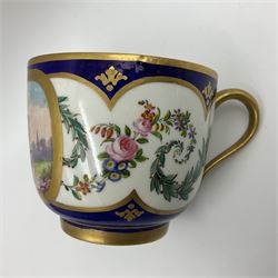 19th Sèvres style porcelain cup and saucer, the cup painted with a figural scene, against a scalloped border of scrolling floral swags on a blue ground, together with a Sèvres soft paste porcelain coffee can and saucer, painted with panels of exotic birds, roses and a border of cornflowers, LL monogram enclosing date letters H above painters mark, coffee can H6.5cm, saucer D13.5cm (2)