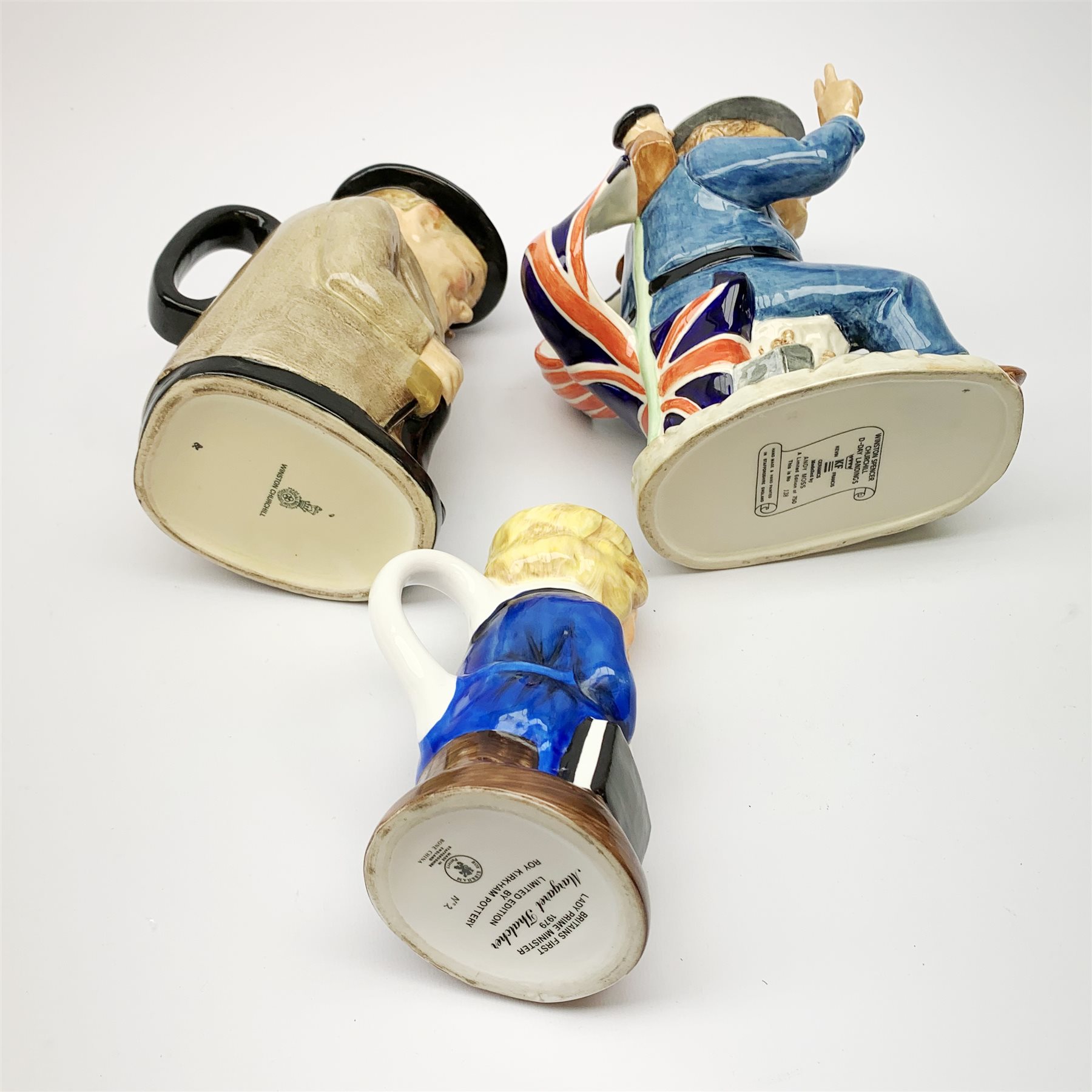 Three character jugs, comprising a limited edition Kevin Francis example modelled as Winston Churchill, modelled by Andy Moss, 138/750, a Royal Doulton example modelled as Winston Churchill, and a Roy Kirkham Pottery example modelled as Margaret Thatcher. 