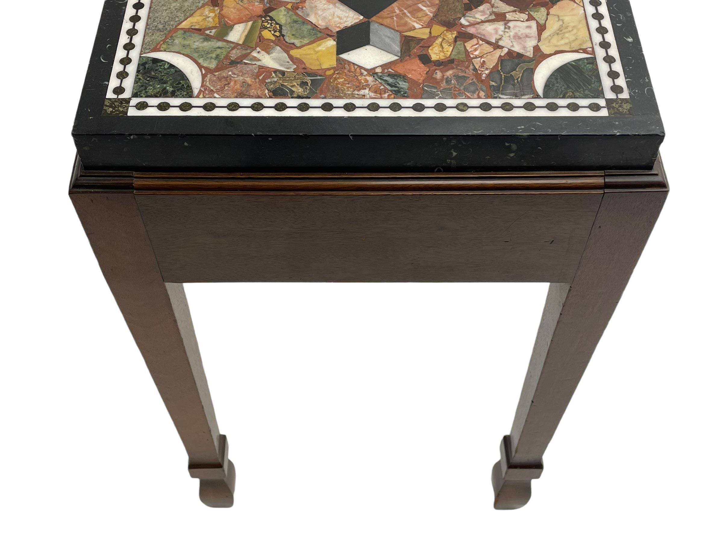 19th century marble specimen table, central rectangular plaque in black and white chequered lozenge, surrounded by fragments and cube motifs, housed within a mahogany stand with moulded top edge, square tapering supports with peg spade feet