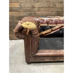 Chesterfield two sofa upholstered in brown leather, with Union Jack pattern, no seat cushions - located in storage, viewing not available