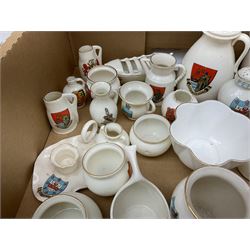 Collection of W H Goss crested ware, to include Yorkshire Roman Ewer, Scarborough ancient jug, salt and pepper shakers, Norwegian horse shaped beer bowl, The Old Horse Shoe, etc, together with five Shelley examples modelled as piano, boat, heart shaped box, etc, in two boxes 