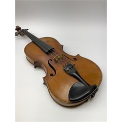 French Mirecourt violin c1920s with 36cm one-piece maple back and ribs and spruce top, labelled Jermone Thibouville-Lamy, L59cm, in fitted carrying case with German bow and 1984 valuation certificate by Frome Valley Music