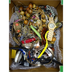  Quantity of costume jewellery, watches, silver-plate etc in one box  