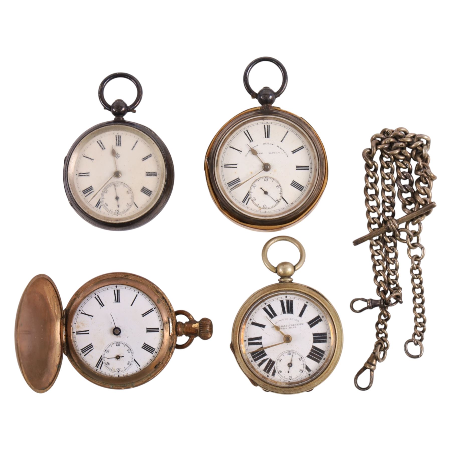Two Victorian silver open face pocket watches, silver Albert chain and two base metal pocket watches