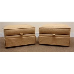  Two storage footstools, hinged lid, upholstered in a beige fabric, W56cm, H40cm, D60cm  