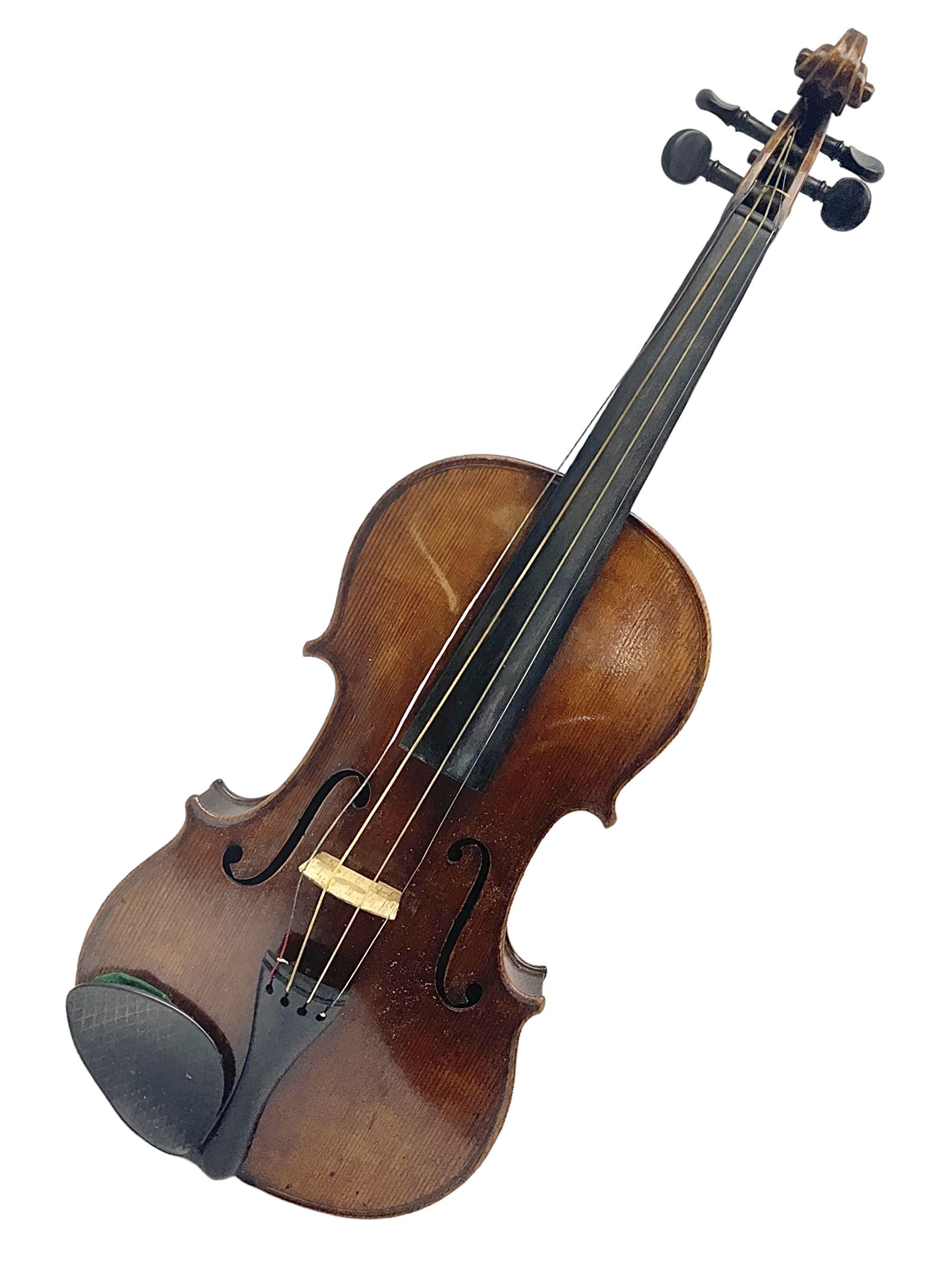 German trade violin c1900 with 35.5cm two-piece maple back and spruce top; bears label 'Made in Germany Apollo Class 6 No.2132' L59cm; in carrying case with two bows