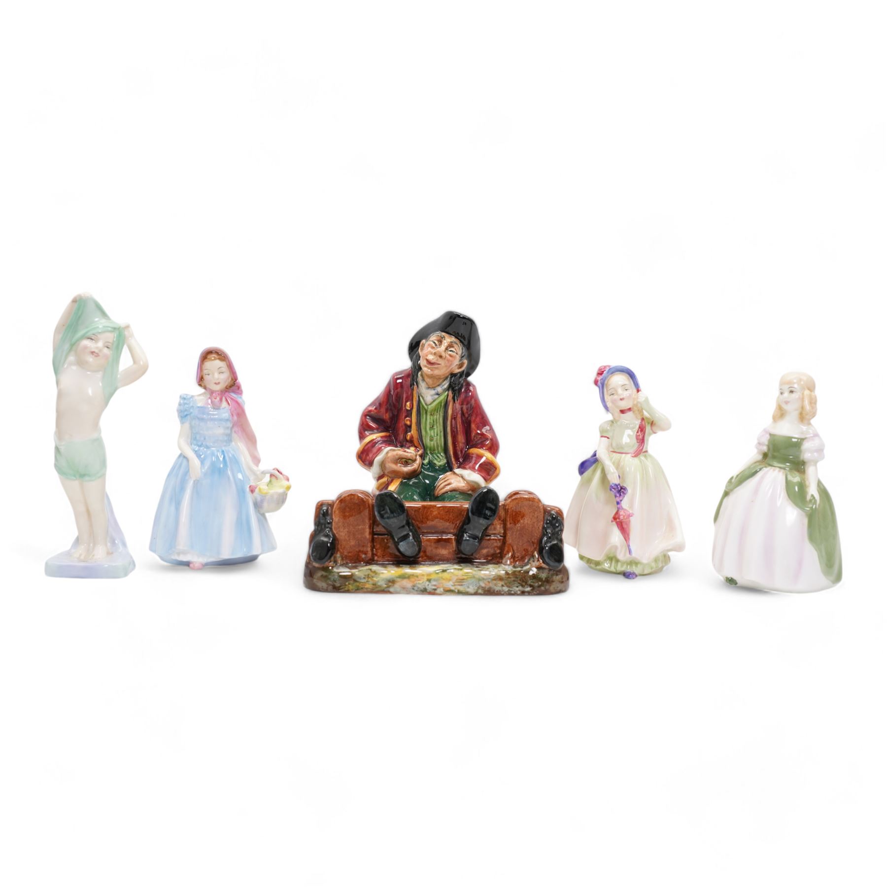 Royal Doulton figure, In the Stocks, HN2163,  H15cm, and four other Royal Doulton figures, To Bed HN1805, Babie HN1279, Wendy HN2109 and Penny HN2328 (second) (5)