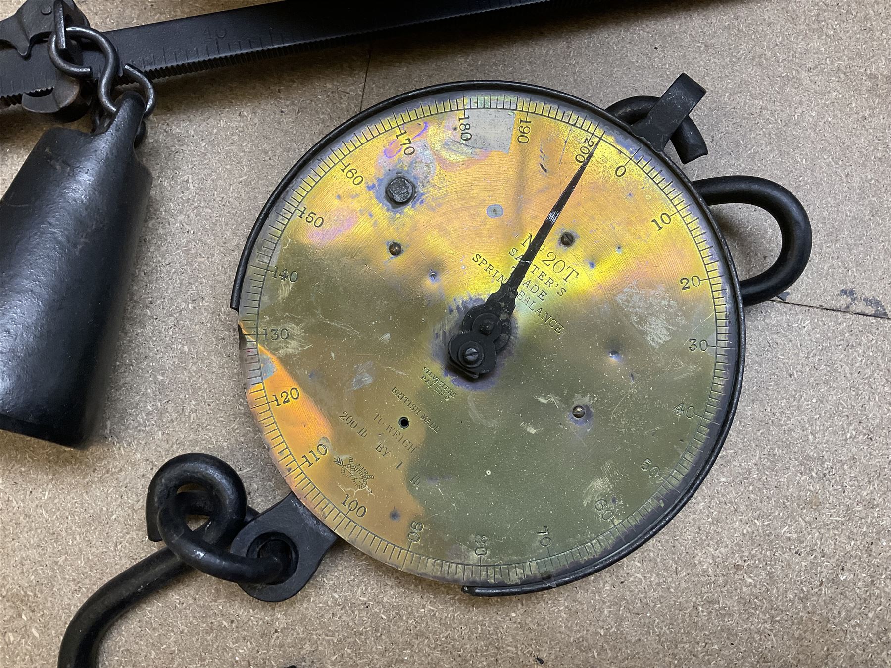 Large beam scale marked The Pooley 1315 and iron pan, together with a Salter's Trade Spring Balance scale 