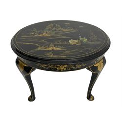 Early 20th century Chinoiserie lacquered circular occasional table, raised gilt decoration depicting traditional landscape scenes, on cabriole supports