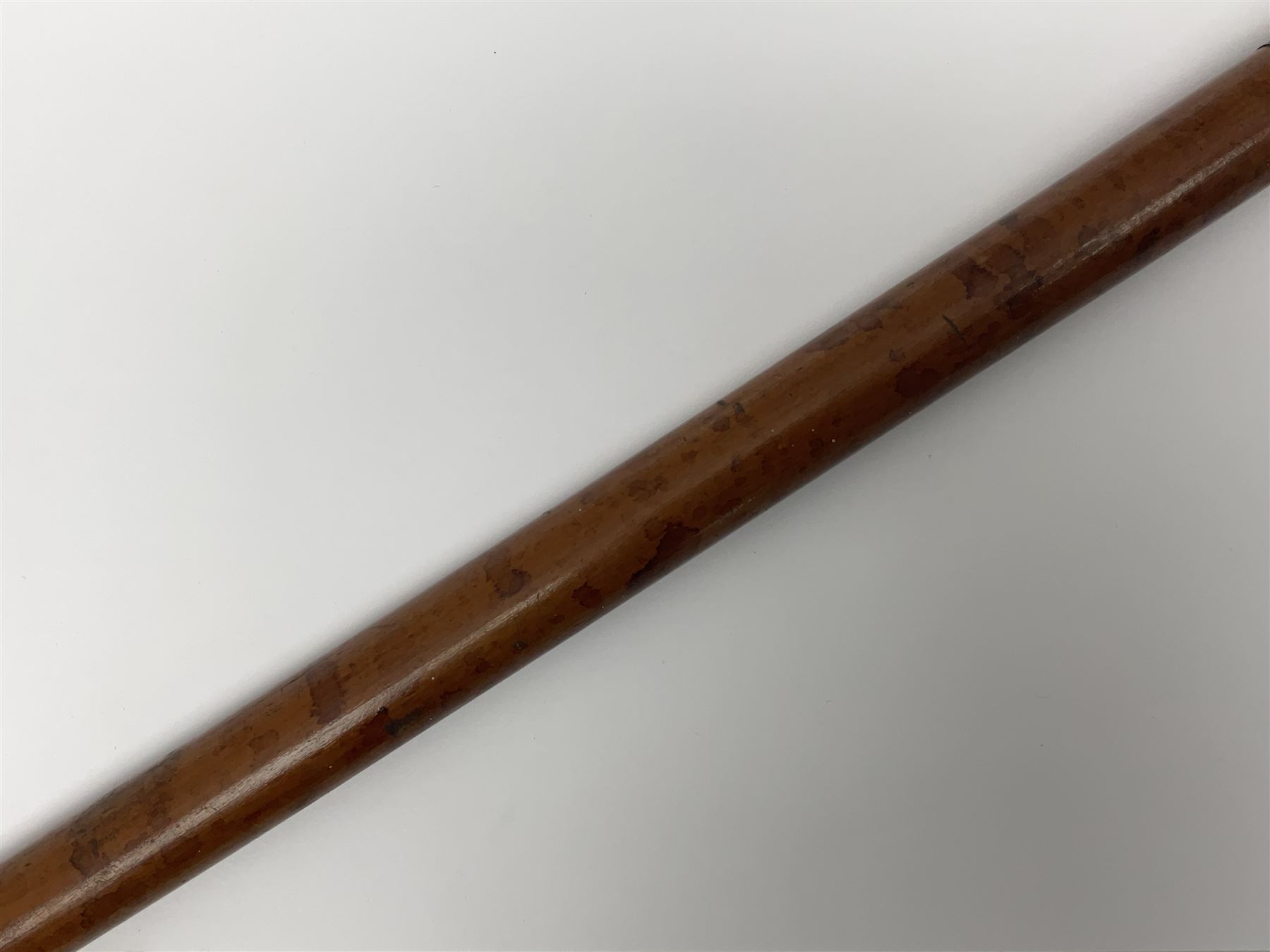 19th century malacca walking cane, the screw threaded domed cover opening to reveal vacant recess, above a further screw threaded opening revealing a removable glass vial with stopper, glass vial L41cm, cane L89.5cm